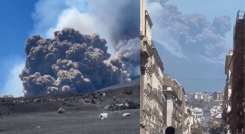 Erupción del Etna causa pánico entre turistas que escapan del volcán en llamas.