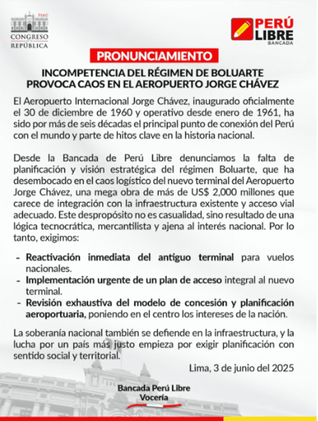 Bancada de Perú Libre exige que se use el antiguo aeropuerto Jorge Chávez Bancada de Perú Libre exige que se use el antiguo aeropuerto Jorge Chávez